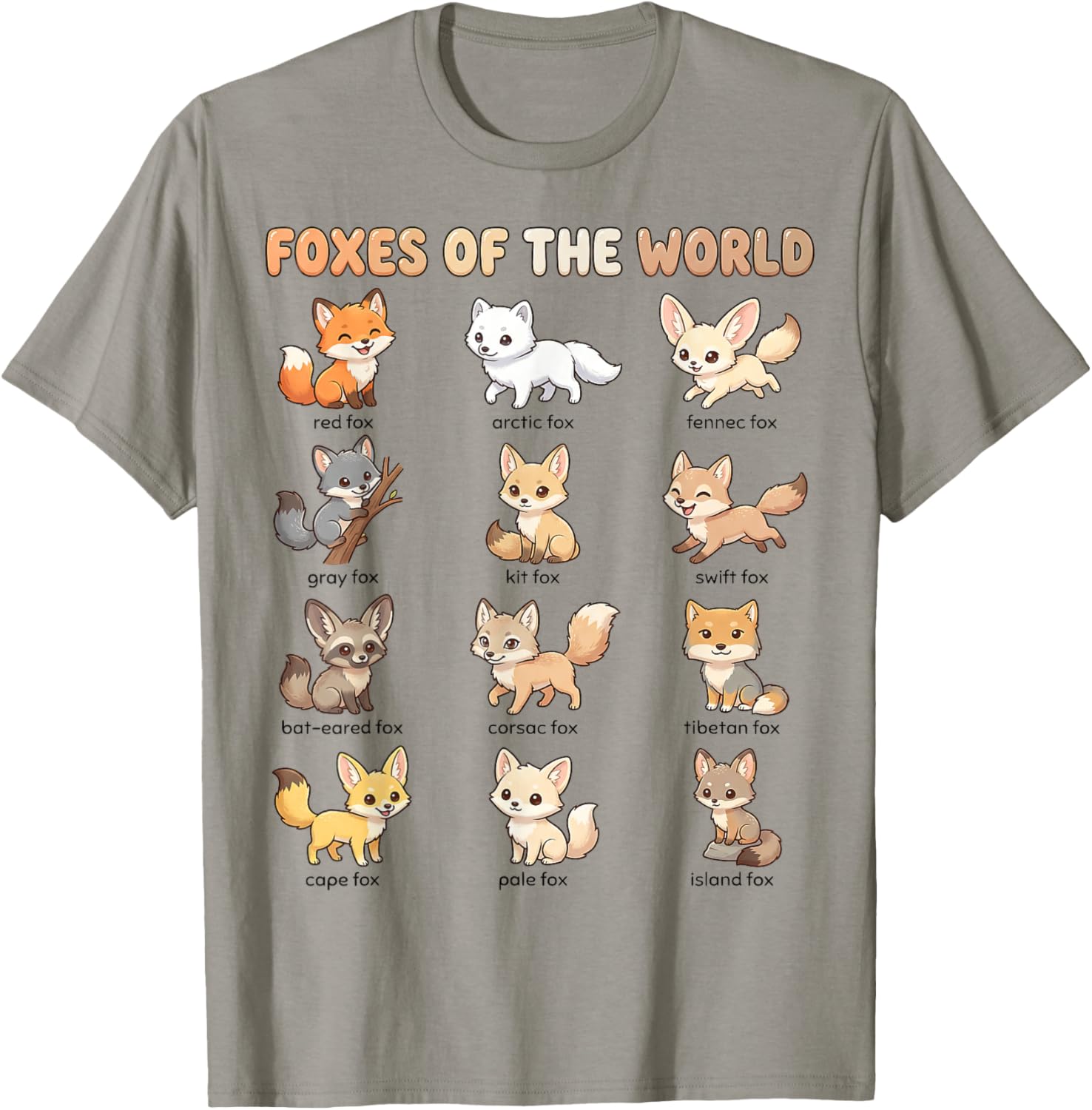 Foxes of the World Names Chart for Kids Cute Fox Species T-Shirt - T-Shirt | Sand