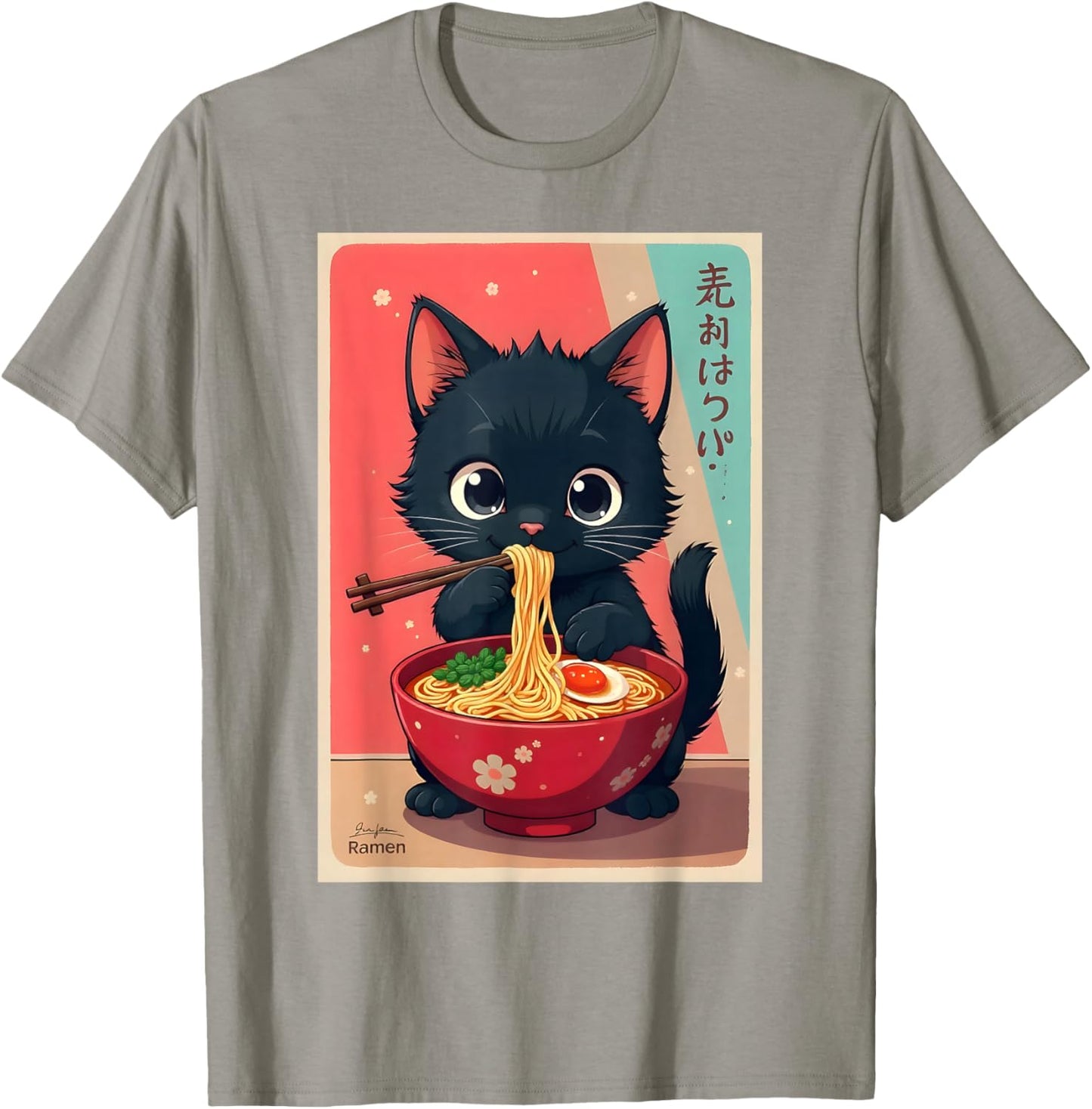 Kitten Eating Japanese Noodles Anime Manga Baby Cat Ramen T-Shirt - T-Shirt | Sand