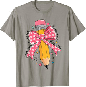 Pencil Coquette Bow Test Day Teacher Motivational Testing T-Shirt - T-Shirt | Sand
