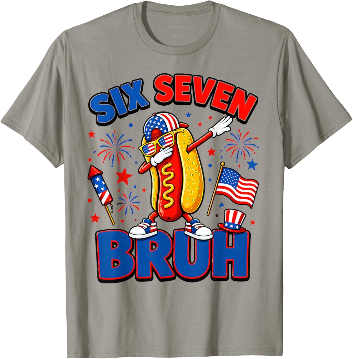 Funny Hotdog Dabbing Six Seven Bruh 4th of July Hot Dog T-Shirt - T-Shirt | Sand