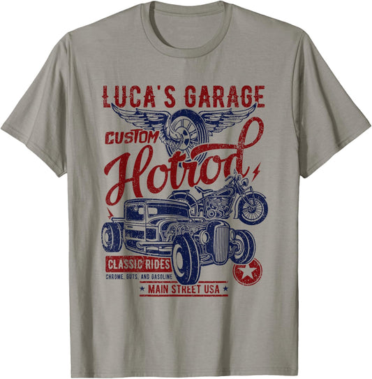 Luca's Garage Hotrod Classic Rides Distressed Design T-Shirt - T-Shirt | Sand