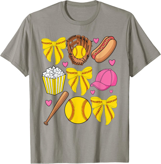 Softball Coquette Bow Softball Mom Mothers Day Women Mama T-Shirt - T-Shirt | Sand
