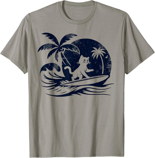 Cat Surfing Wave at Tropical Ocean Vintage Surf T-Shirt - T-Shirt | Sand
