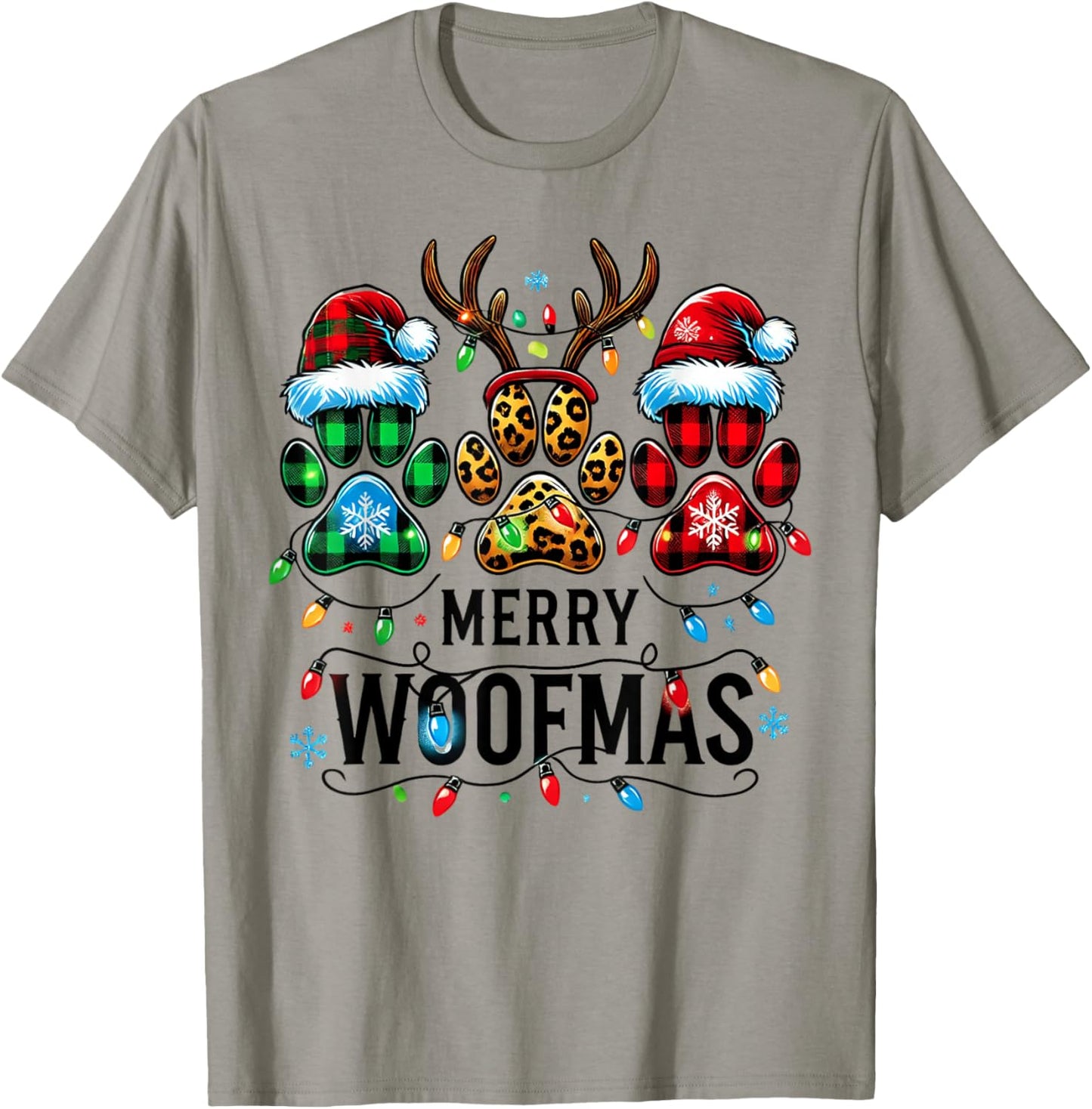 Merry Woofmas Dog Paw Christmas Lights Xmas Reindeer Santa Men Women Kids T-Shirt - T-Shirt | Sand