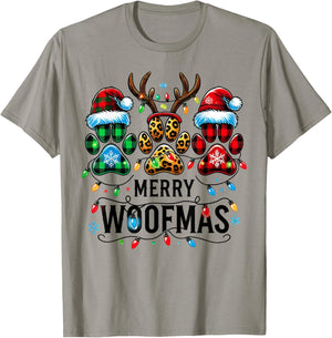 Merry Woofmas Christmas Dog Paws Lights Buffalo Plaid Women T-Shirt - T-Shirt | Sand