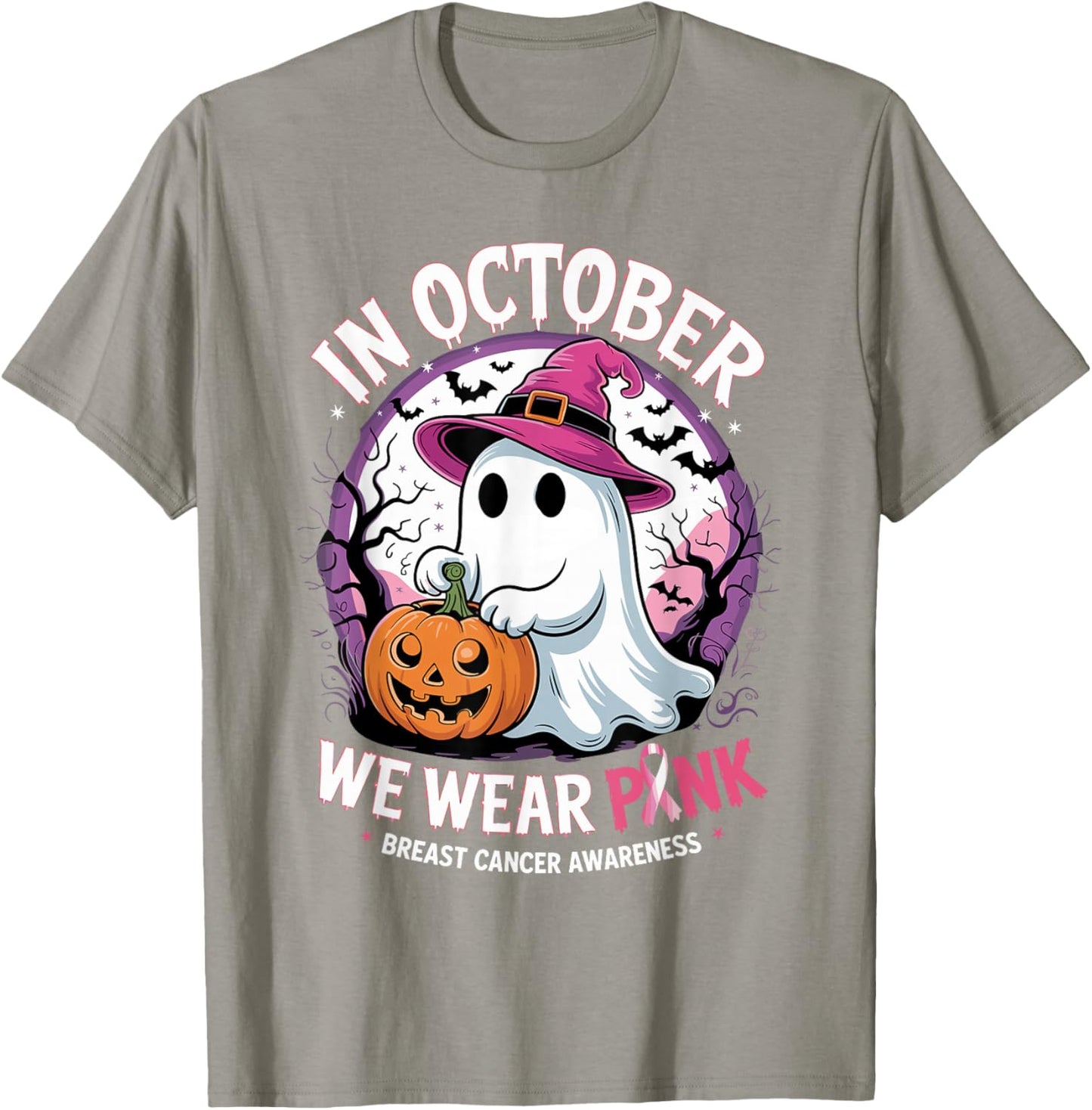 in October We Wear Pink Shirt Ghost Breast Cancer Awareness T-Shirt - T-Shirt | Sand
