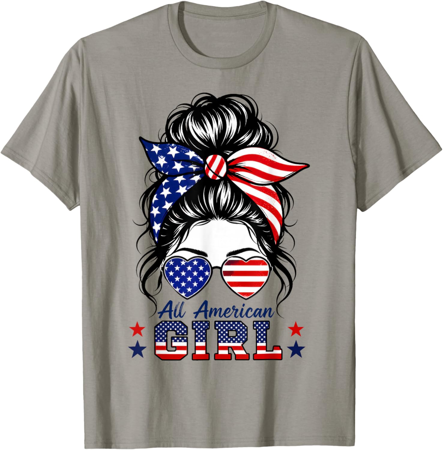 4th of July Shirts All American Girl Messy Bun American Flag T-Shirt - T-Shirt | Sand