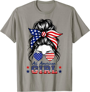 4th of July Shirts All American Girl Messy Bun American Flag T-Shirt - T-Shirt | Sand