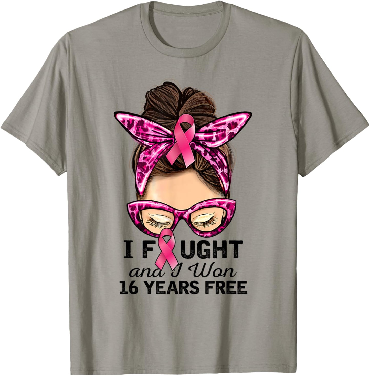 I Fought and I Won 16 Years Free Messy Bun Breast Cancer T-Shirt - T-Shirt | Sand