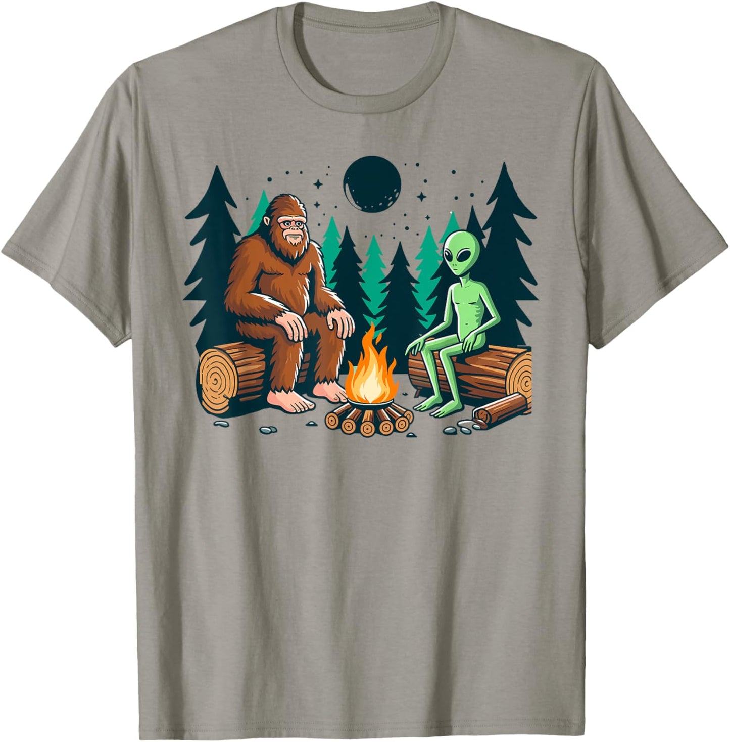 Bigfoot and alien camping sasquatch camp fire T-Shirt - T-Shirt | Sand