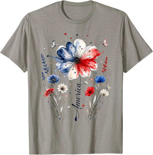250th Anniversary USA Women Patriotic 4th of July Floral T-Shirt - T-Shirt | Sand