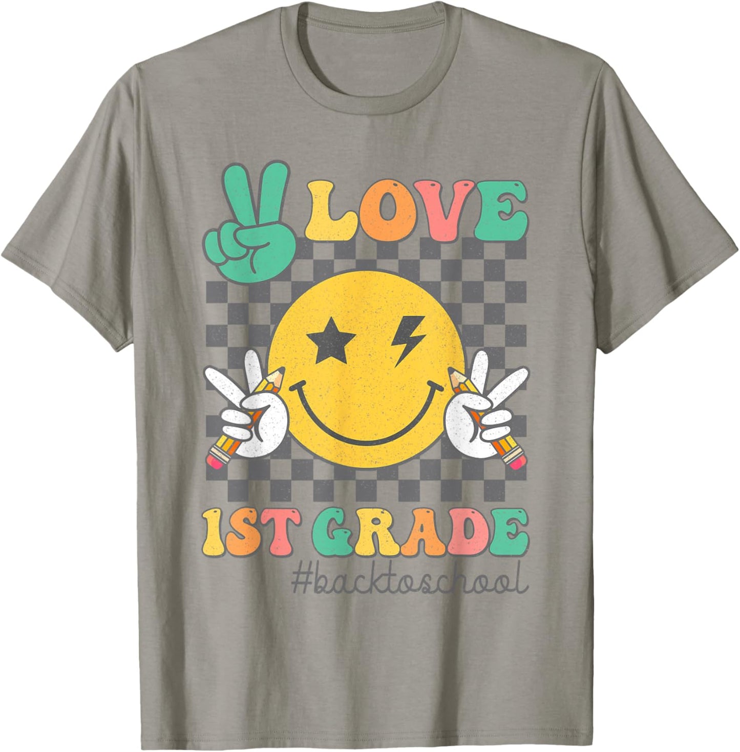 Peace Love 1st Grade Smile Face Back To School First Grade T-Shirt - T-Shirt | Sand