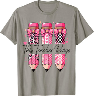Christian This Teacher Prays Cute Pink Coquette Bow Popular T-Shirt - T-Shirt | Sand