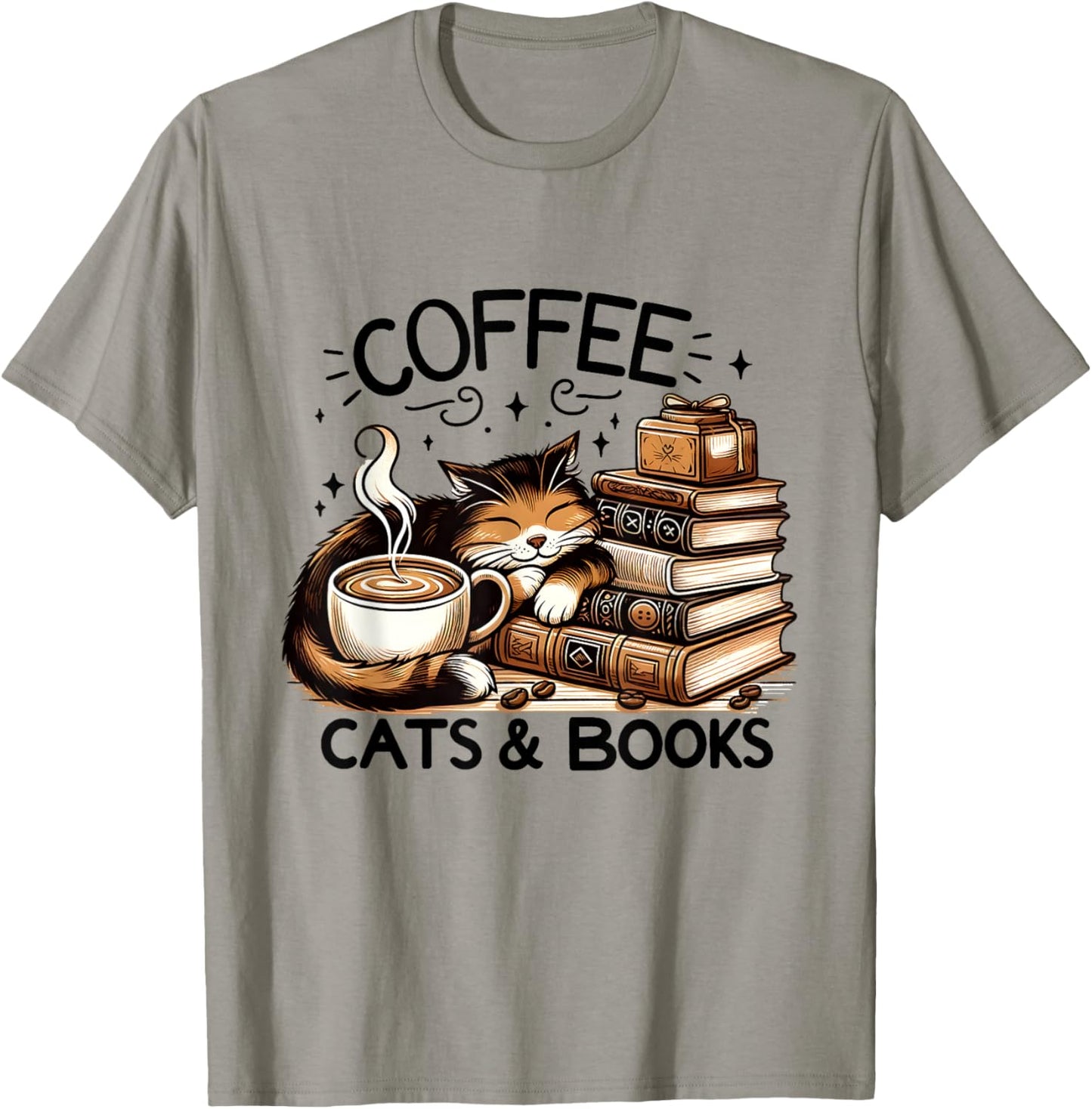 Funny Cute Coffee Cats Books Lover Gift Women Men Kids T-Shirt - T-Shirt | Sand