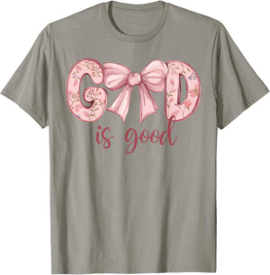 God Is Good Pink Coquette Bow Bible Verse Quote Christian T-Shirt - T-Shirt | Sand