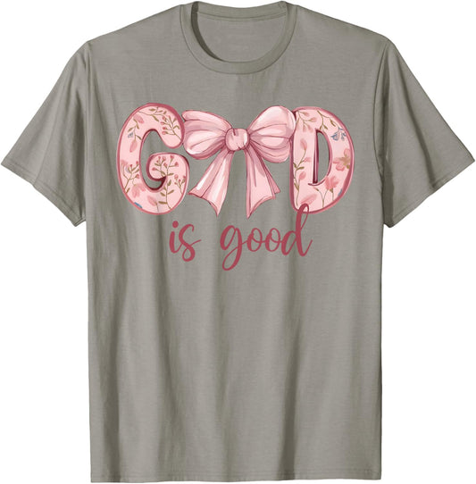 God Is Good Pink Coquette Bow Bible Verse Quote Christian T-Shirt - T-Shirt | Sand