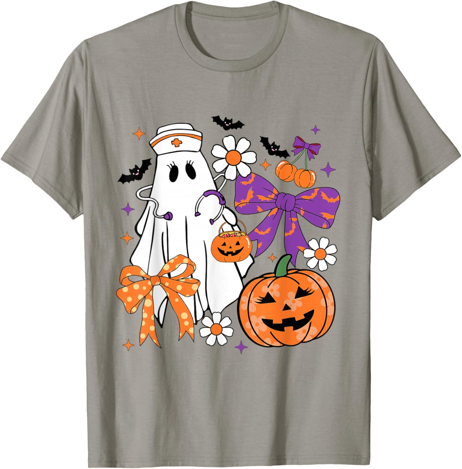 Halloween Ghost Nurse Coquette Bow Pumpkin Nursing Student T-Shirt - T-Shirt | Sand