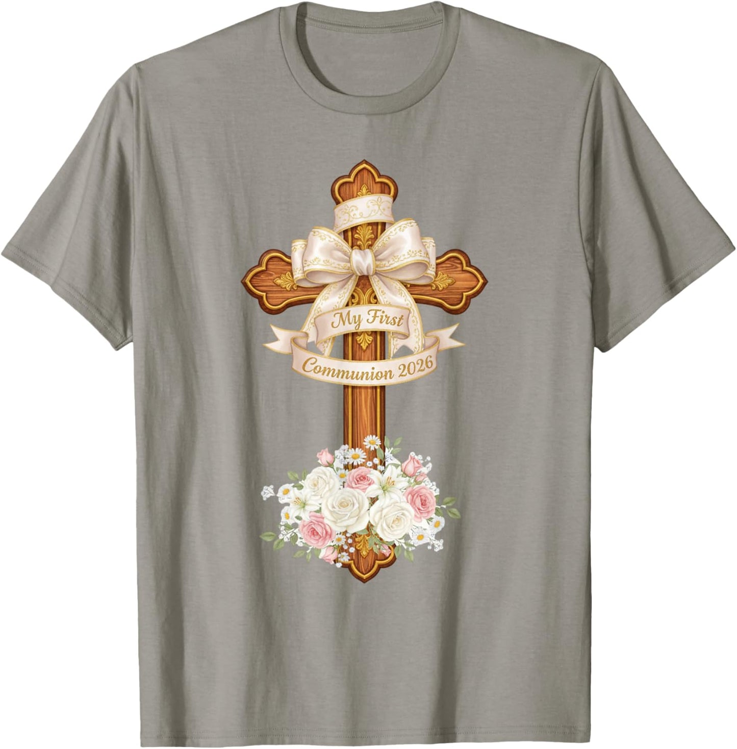 My First Communion 2026 Girls Coquette Bow Eucharist T-Shirt - T-Shirt | Sand