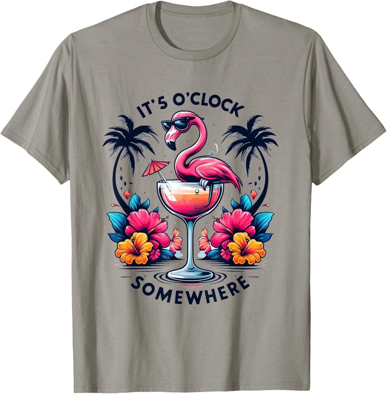 It's 5 O'Clock Somewhere Flamingo Beach Vacation Drinking Women T-Shirt - T-Shirt | Sand