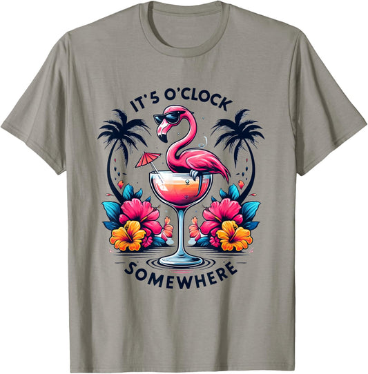 It's 5 O'Clock Somewhere Flamingo Beach Vacation Drinking Women T-Shirt - T-Shirt | Sand