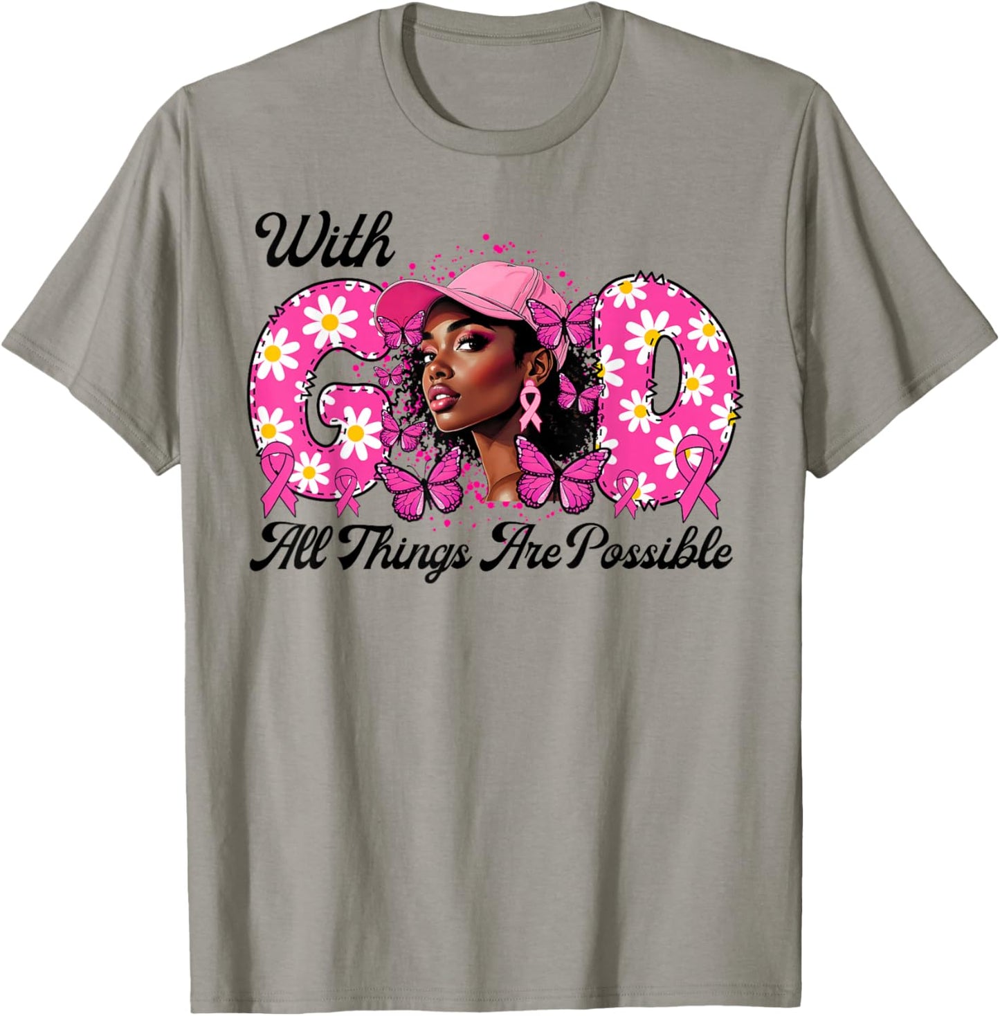 Black Afro Women Butterflies Breast Cancer Awareness Support T-Shirt - T-Shirt | Sand
