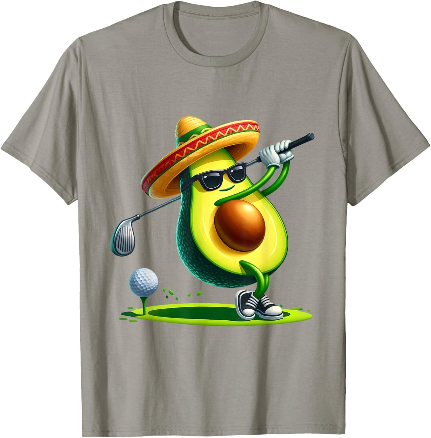 Funny Cinco De Mayo Avocado Showing Golf Skills Golf Players T-Shirt - T-Shirt | Sand
