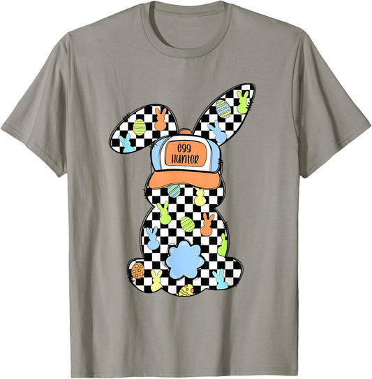 Funny Bunny Rabbit Eggs Happy Easter Checkered Couples Boys T-Shirt - T-Shirt | Sand