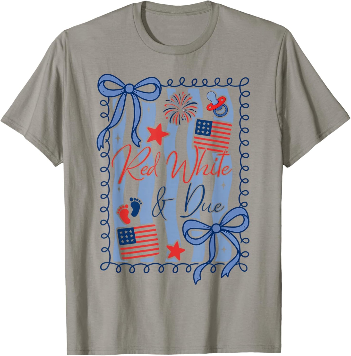 Red White and Due 4th of July Pregnancy Baby Reveal T-Shirt - T-Shirt | Sand
