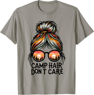 Camp Hair Don't Care Messy Bun Funny Camping Camper Women T-Shirt - T-Shirt | Sand