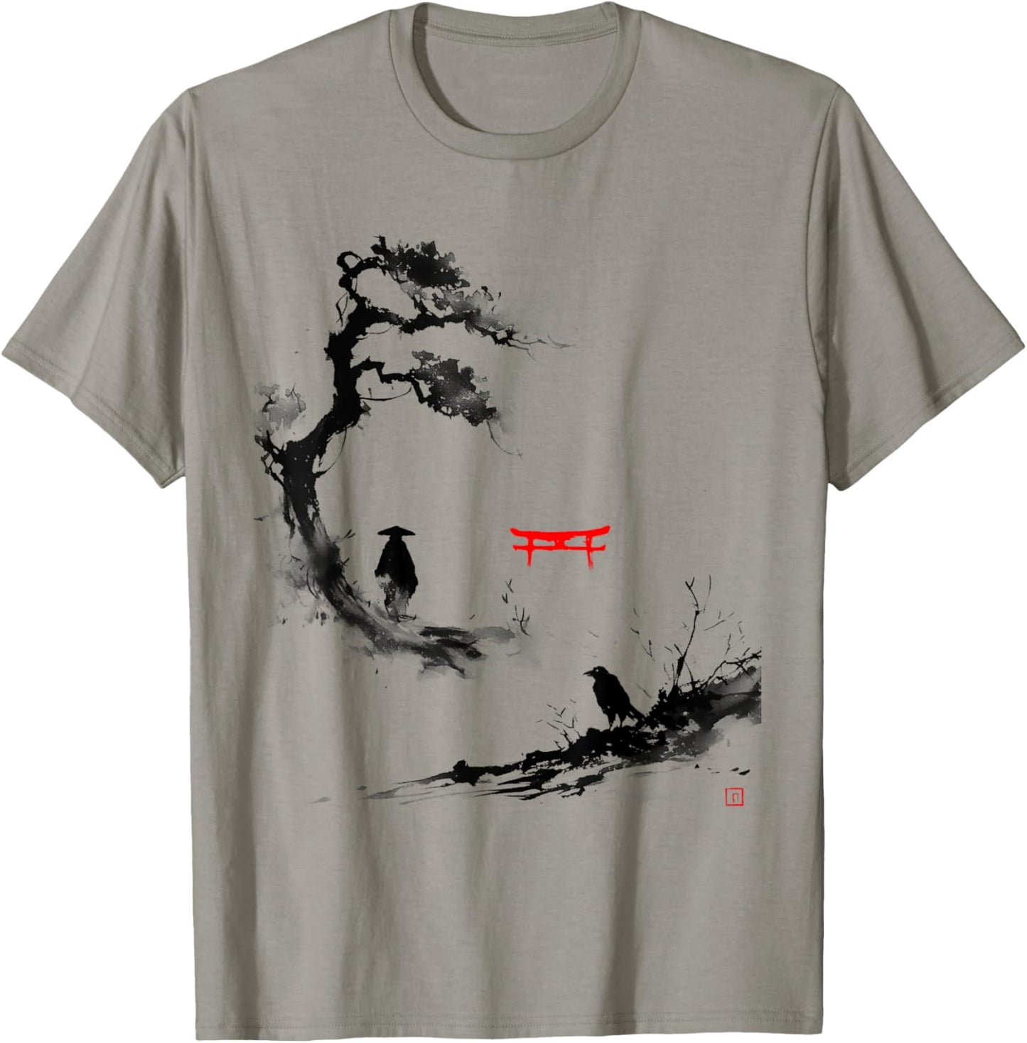 Samurai Zen Ink Art Japan Minimalism Raven Torii , White, S T-Shirt - T-Shirt | Sand
