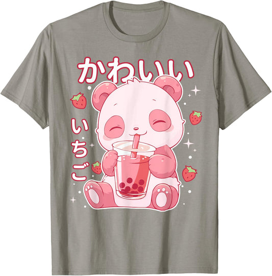 Kawaii Panda Strawberry Boba Milk Japanese Anime aesthetic T-Shirt - T-Shirt | Sand