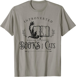 Introverted But Willing to discuss Cats and Books T-Shirt - T-Shirt | Sand