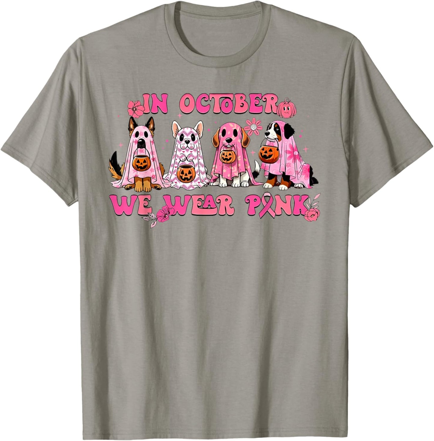In October We Wear Pink Dog Ghost Breast Cancer Awareness T-Shirt - T-Shirt | Sand