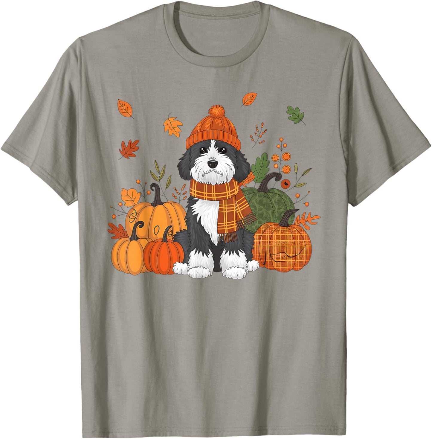 Bernedoodle Thanksgiving Leopard Pumpkins Fall Leaves Lover T-Shirt - T-Shirt | Sand