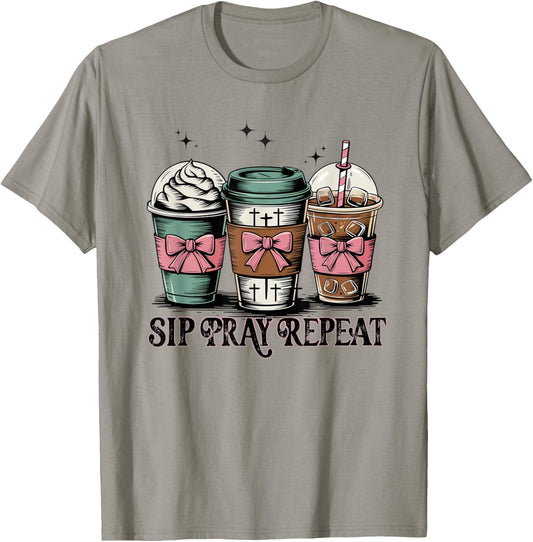 Coffee Sip Pray Repeat Iced Coffee Lover Christian T-Shirt - T-Shirt | Sand