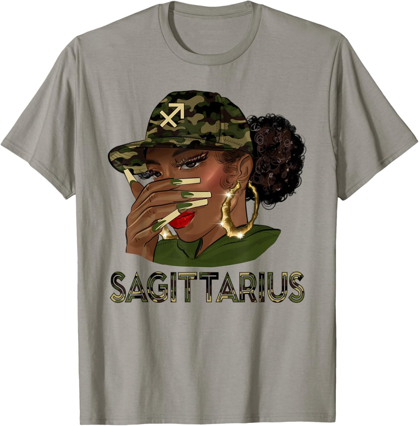 Sagittarius Queen Black Girl With Cap Camo Afro Woman Zodiac T-Shirt - T-Shirt | Sand