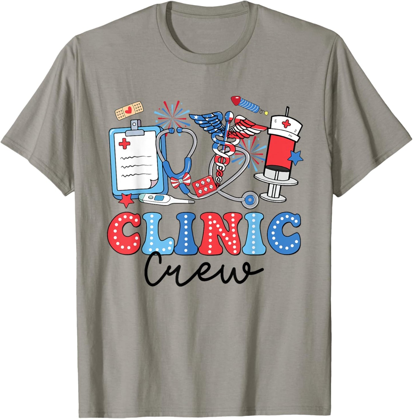Retro Clinic Crew American Flag Fireworks Nurse 4th Of July T-Shirt - T-Shirt | Sand