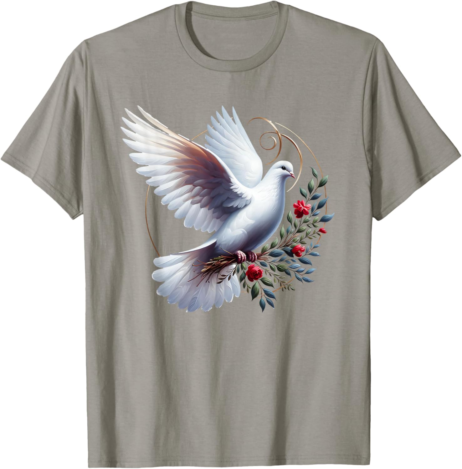 Elegant Flight of the Peaceful White Dove Bird Floral Art T-Shirt - T-Shirt | Sand