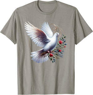 Elegant Flight of the Peaceful White Dove Bird Floral Art T-Shirt - T-Shirt | Sand