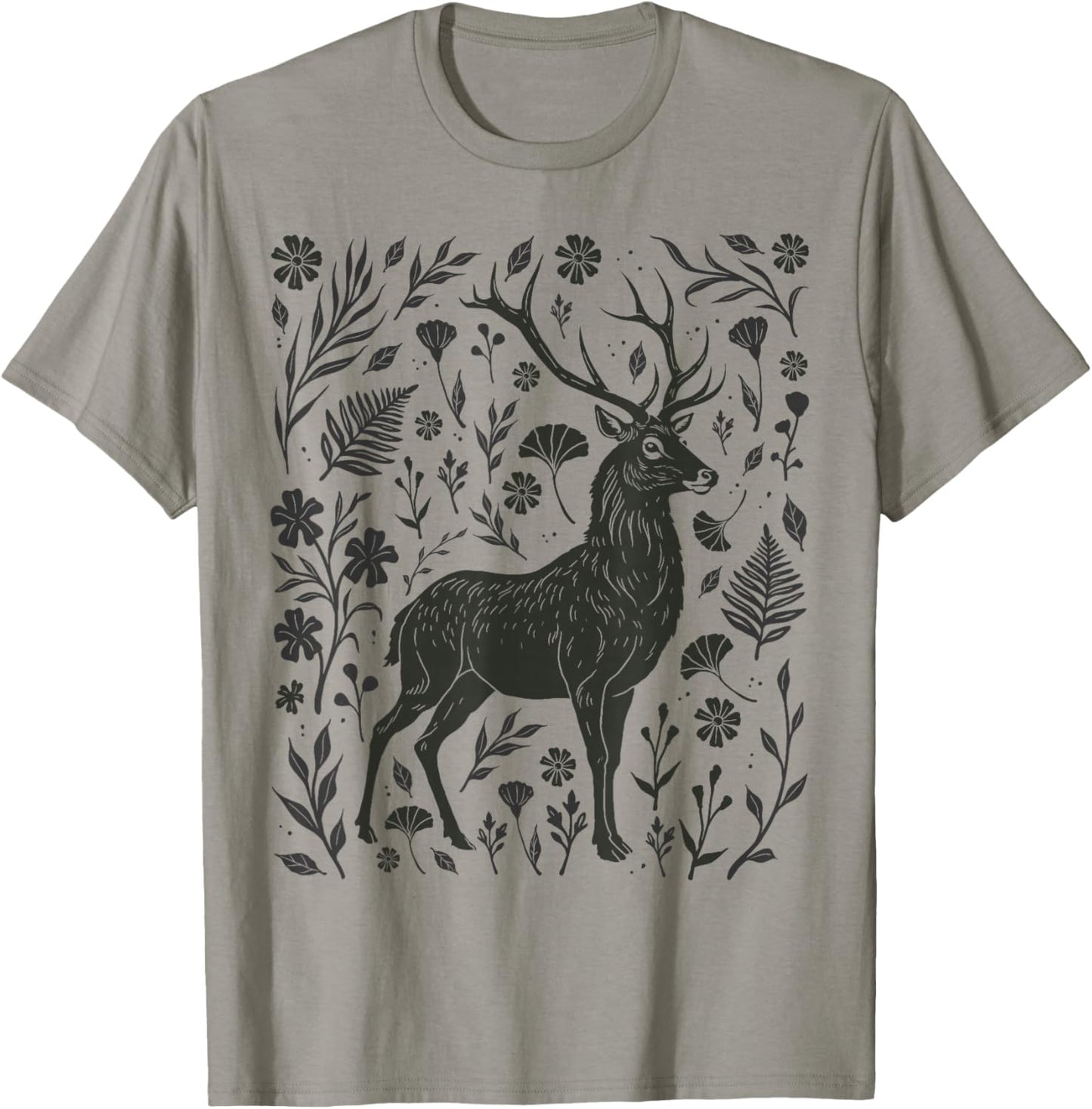 Folklore Forest Stag Linocut Nature Lino Print Deer Folk Art T-Shirt - T-Shirt | Sand