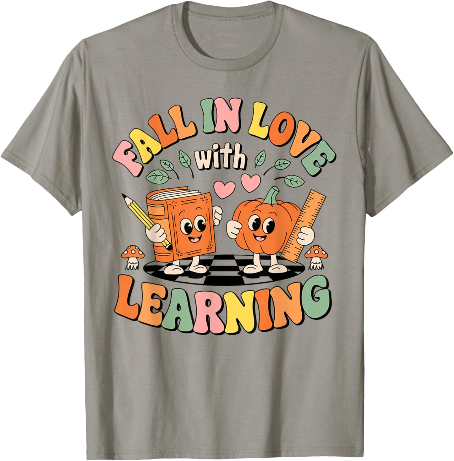 Fall In Love With Learning Retro Autumn Teacher Thanksgiving T-Shirt - T-Shirt | Sand