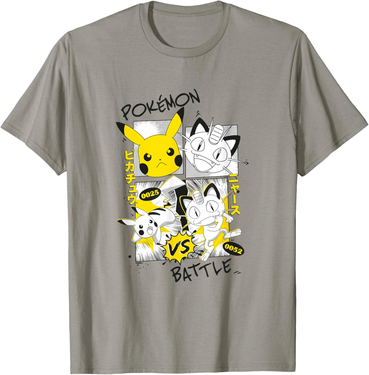 Pokémon Pikachu Vs Meowth Retro Panels Kanji Big Chest T-Shirt - T-Shirt | Sand