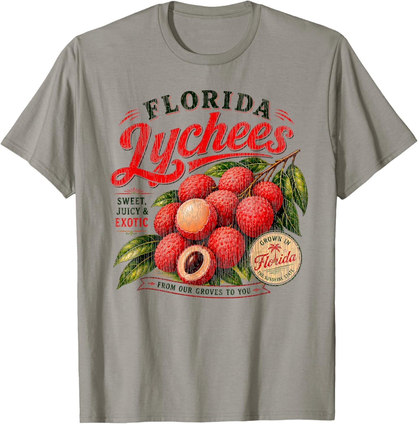 Florida Lychees Distressed Retro Exotic Fruit Design T-Shirt - T-Shirt | Sand