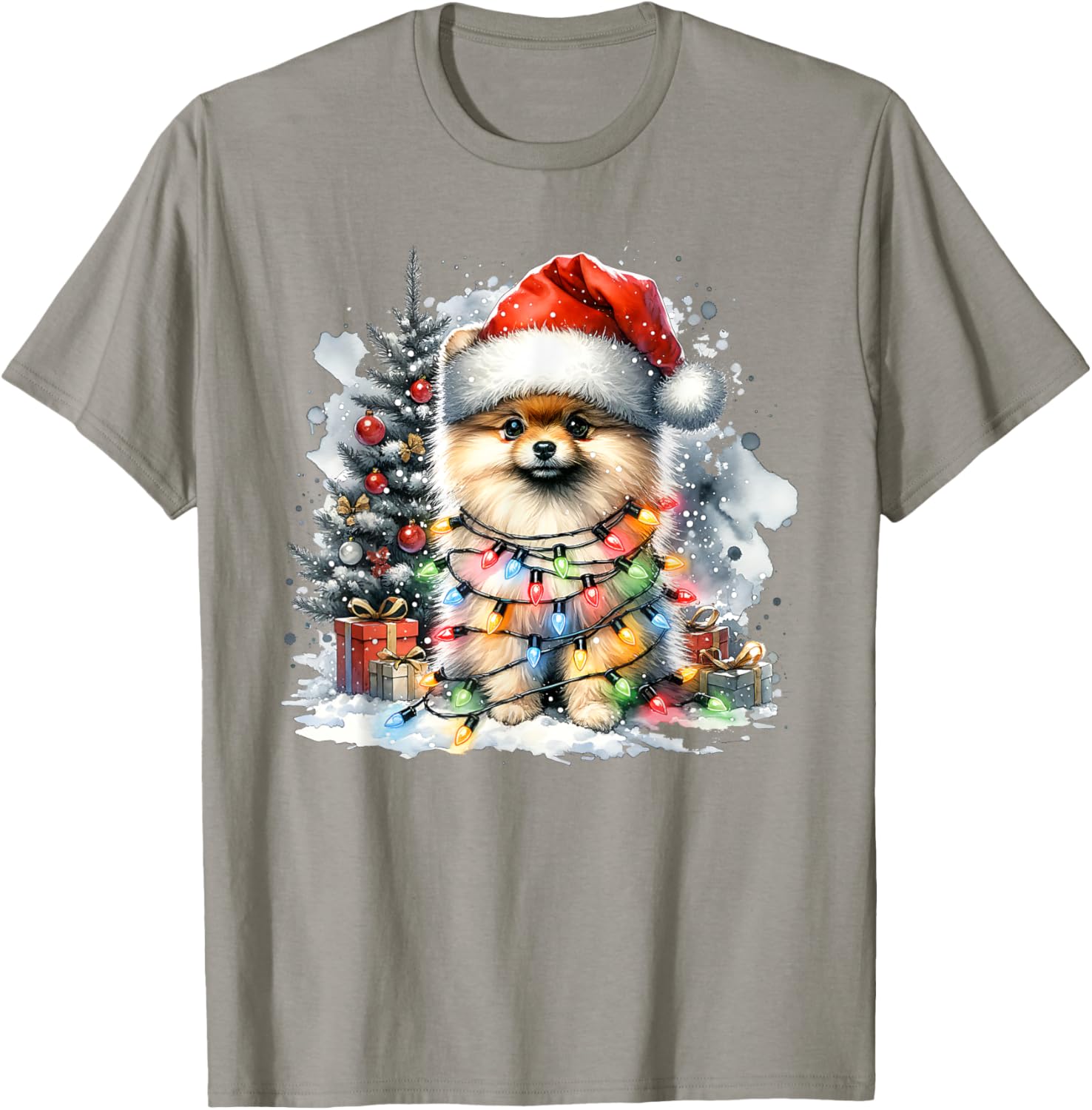 Funny Cute Santa Pomeranian Dog Tangled In Christmas Lights T-Shirt - T-Shirt | Sand