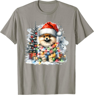 Funny Cute Santa Pomeranian Dog Tangled In Christmas Lights T-Shirt - T-Shirt | Sand