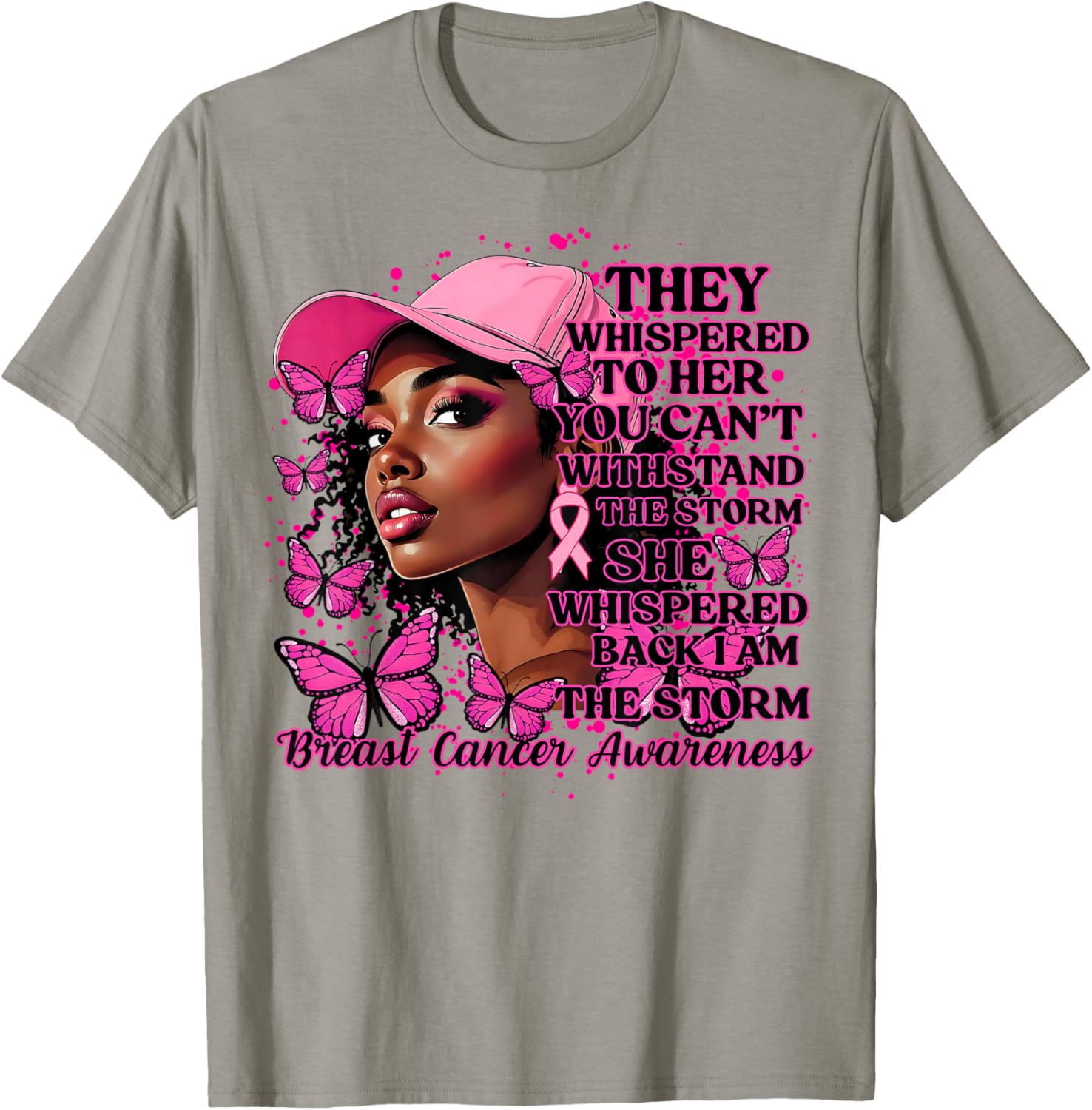 Black Afro Women Butterflies Breast Cancer Awareness Support T-Shirt - T-Shirt | Sand