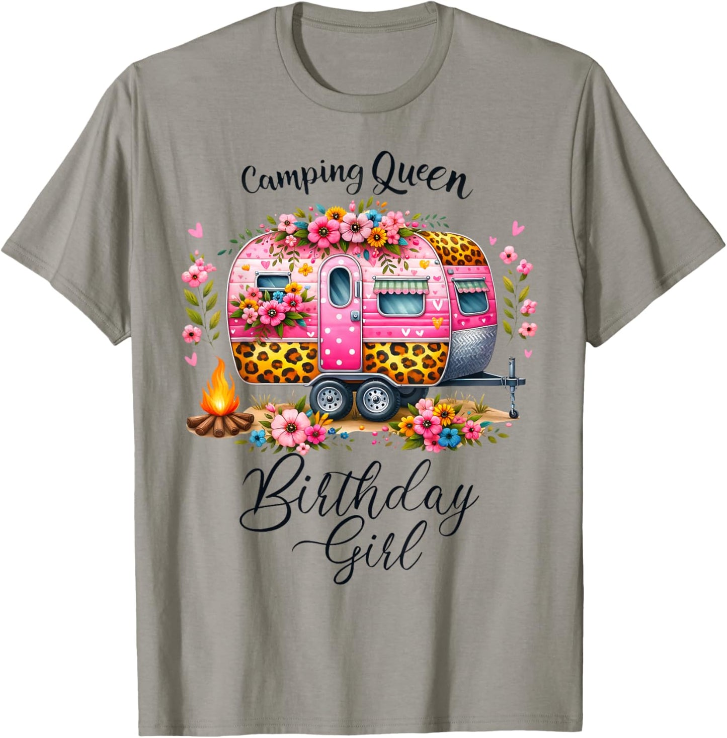 Birthday Camping Queen Camp Pink Floral Van Birthday Girl T-Shirt - T-Shirt | Sand