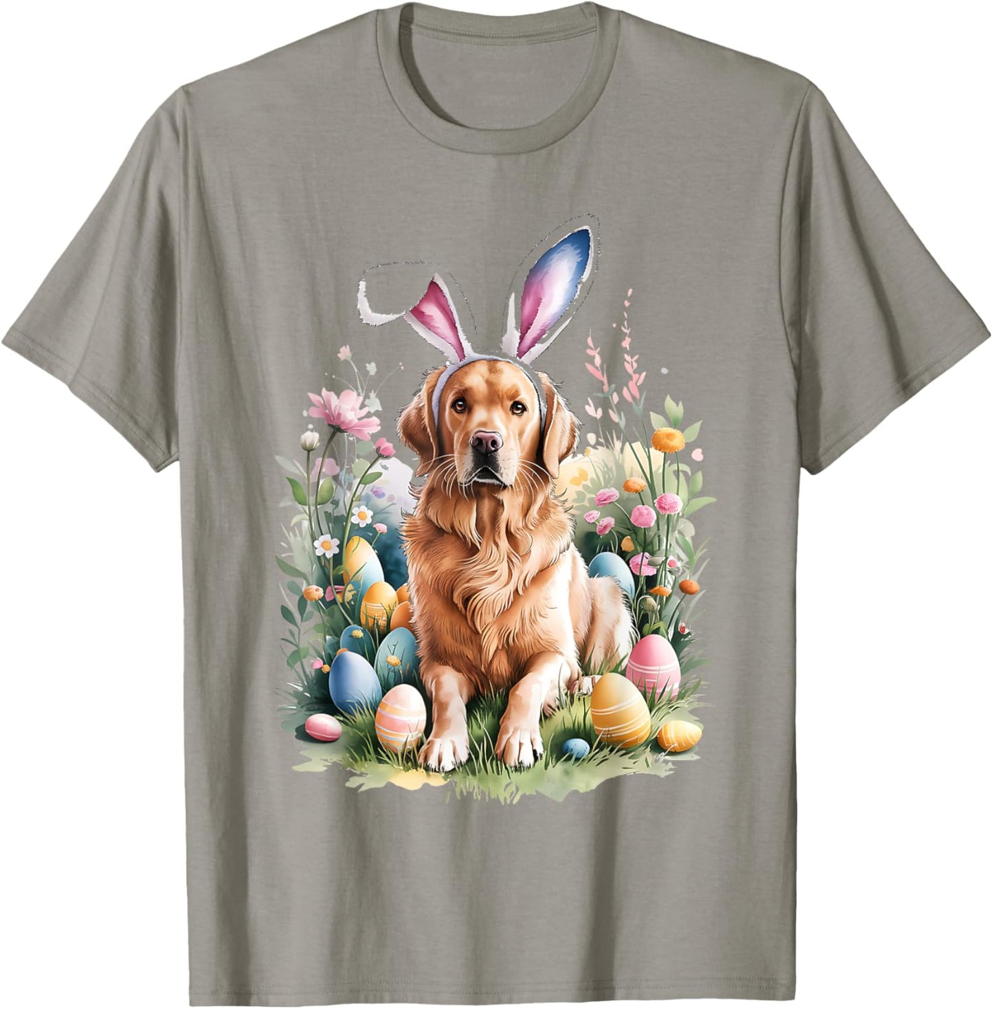 Golden Retriever Dog Bunny Ears Easter Eggs Spring Flowers T-Shirt - T-Shirt | Sand