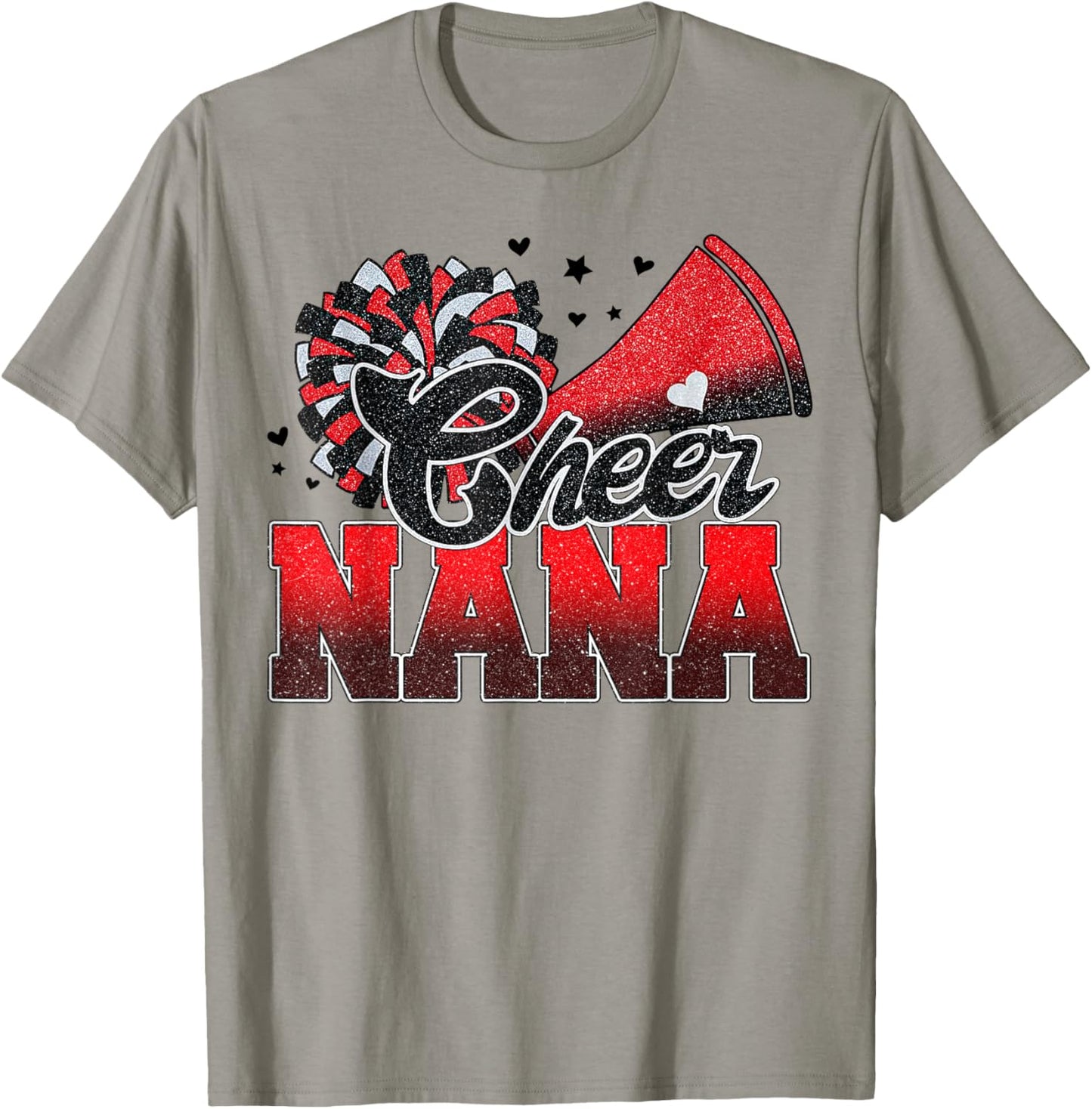 Cheer Nana Cheer Leader Gift Biggest Fan Black Red Pom Pom T-Shirt - T-Shirt | Sand