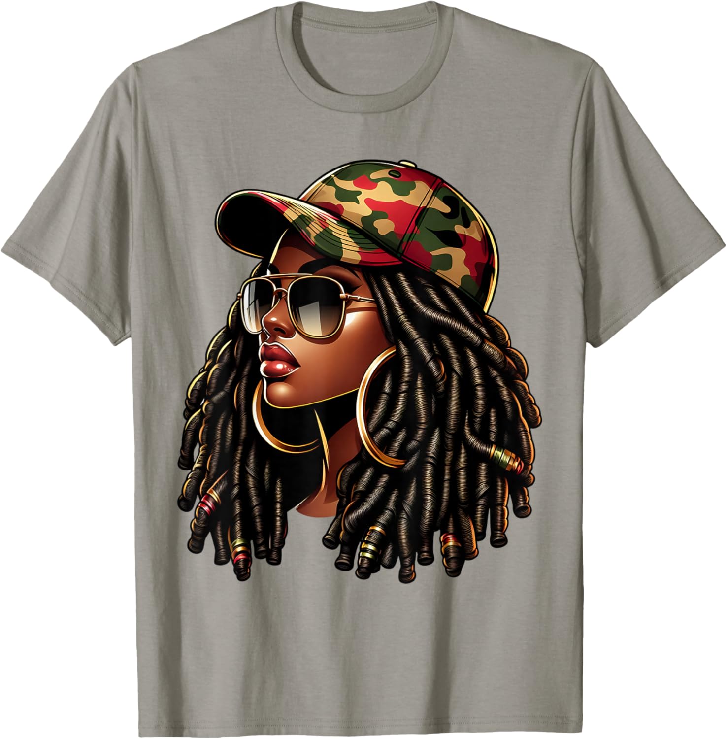Queen Black Woman With Camo Cap Locs African American T-Shirt - T-Shirt | Sand